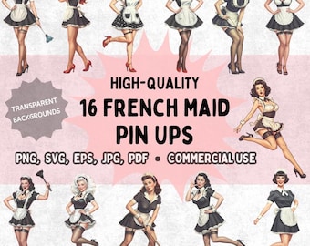 French Maid Pin Up Illustrations, Vintage Clipart with Feather Dusters, Aprons, etc. (PNG, SVG, Commercial Use)