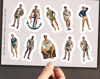 May include: A sticker sheet featuring ten illustrations of muscular figures in various outfits, including sailor uniforms, military gear, and casual shorts. The text on the left side reads, "FOR THOSE WHO PREFER A HEARTY SLICE OF BEEFCAKE..."