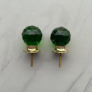 Vintage Victorian Crystal Ball Green Cut Glass Heavy Knobs (Set of 2)