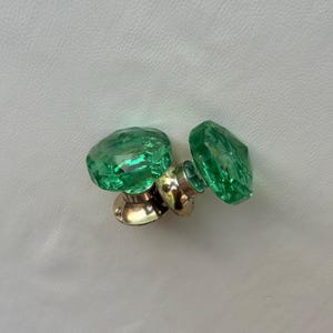 Vintage Brass Spindle Knob with Cut Green Glass (Set of 2)