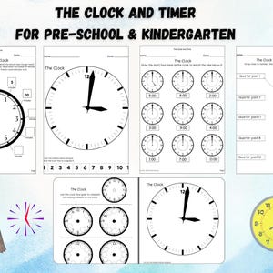 May include: Black and white printable worksheets for preschool and kindergarten students to learn how to tell time using analog clocks. The worksheets feature various clock faces with different times, including quarter past, half past, and full hour.