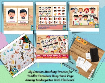 Toddler Emotions Worksheet, Kids Emotions Matching Activity, Feeling File Folder Game Printable Homeschool Busy Book Page, Emotion Flashcard
