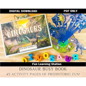 May include: A digital dinosaur busy book with 45 activity pages, featuring a binder cover with a prehistoric landscape and a dinosaur illustration. Includes a blue fan-shaped dinosaur fact card set, colorful plastic letters, and text.