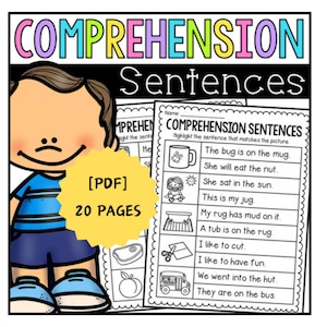 Könnte beinhalten: Lehrblatt mit dem Titel "COMPREHENSION Sentences" mit einer Cartoon-Jungen-Illustration. Das Arbeitsblatt enthält Sätze und entsprechende Bilder zum Zuordnen. Der Text auf der Seite lautet "The bug is on the mug" und andere ähnliche Sätze. Das PDF enthält 20 Seiten.