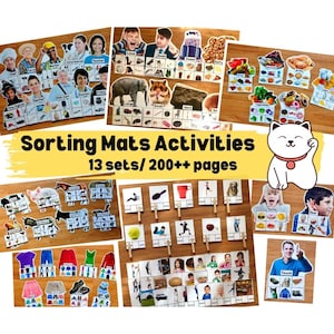 May include: A collection of educational sorting mats and activity pages featuring various categories like professions, animals, food, and sensory tasks. The set includes 13 distinct sets totaling over 200 pages with colorful illustrations, text labels, and interactive cards for learning.