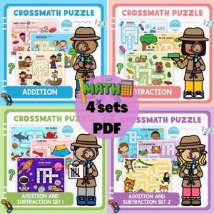Cross Math Puzzle Mathematics Preschool Kindergarten Maths Worksheet, Math Crossword Puzzle, Addition & Subtraction Pages, Fun Math Practice