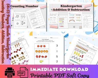 Op de afbeelding: Een printbare PDF-bundel met 54-53 pagina's met werkbladen voor de kleuterschool voor het tellen van getallen, optellen en aftrekken. De werkbladen bevatten kleurrijke illustraties van fruit, groenten en andere objecten. De titel "Kindergarten Addition & Subtraction" is geschreven in roze en witte tekst met een ster.