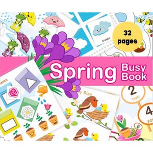 Könnte beinhalten: Ein Spring Busy Book mit 32 Seiten, das bunte Illustrationen von Fröschen mit Regenschirmen, violetten Krokussen, einem Rotkehlchen im Nest und verschiedenen Lernaktivitäten wie Formen, Zahlen und Wettersymbolen auf hellem Grund zeigt.