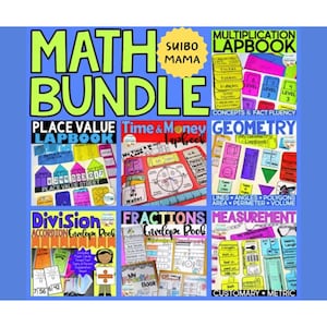 May include: A math bundle educational resource featuring a collection of lapbooks and envelope books covering multiplication, place value, time, money, geometry, division, fractions, and measurement with colourful text and diagrams on a blue background.