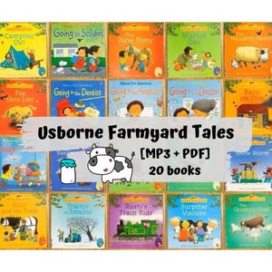 May include: A collection of 20 Usborne Farmyard Tales children's books featuring colorful illustrated covers with titles such as Camping Out, Going to School, The New Pony, Market Day, The Naughty Sheep, Pig Gets Lost, and Going to the Dentist.