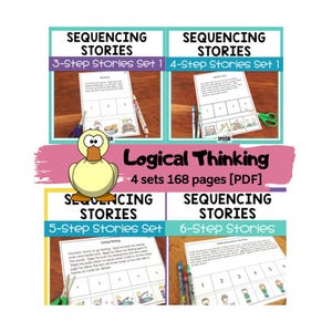 Könnte beinhalten: Ein digitales Lehrmaterial mit dem Titel Sequencing Stories, das Arbeitsblätter für Geschichten in 3, 4, 5 und 6 Schritten enthält. Die Sammlung umfasst 168 Seiten im PDF-Format, ist als Logical Thinking gekennzeichnet und zeigt eine gelbe Ente.