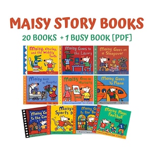 Puede incluir: Una colección de libros de cuentos de Maisy que incluye 20 libros y 1 libro de actividades en formato PDF. Las portadas muestran ilustraciones coloridas de la ratoncita blanca Maisy y sus amigos en entornos como una biblioteca y un avión.