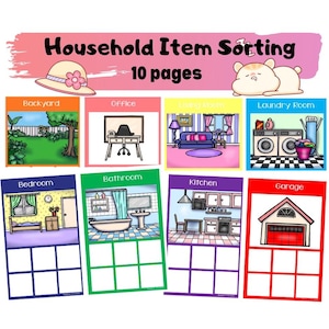 Puede incluir: Un conjunto de actividades de clasificación de artículos del hogar de 10 páginas con ilustraciones coloridas de habitaciones como patio, oficina, sala, lavandería, dormitorio, baño, cocina y garaje, con cuadrículas vacías para clasificar.