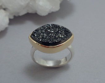 Black Druzy Ring in 18k Gold and Sterling Silver, Sparkly Black Stone Ring
