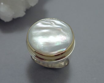 Large White Mother of Pearl Ring in 18k Gold and Sterling Silver, Bold Statement Ring