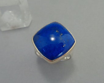 Large Lapis Ring in 18k Gold and Sterling, Bright Blue Cushion Cut Lapis Ring