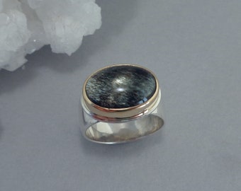 Moss Aquamarine Ring in 18k Gold and Sterling, Unusual Blue Gray Gemstone Ring