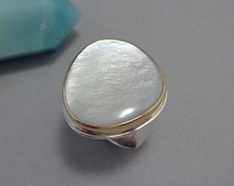 Large Mother of Pearl Ring in 18k Gold and Sterling, Asymmetrical Statement Ring