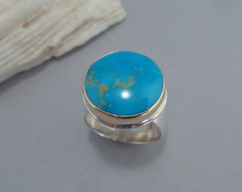 Bright Blue Kingman Turquoise Ring in 18k Gold and Sterling, Arizona Turquoise Ring