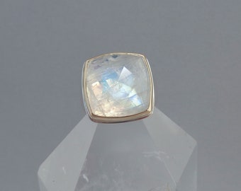 Rose Cut Rainbow Moonstone Ring in 18k Gold and Sterling, Cushion Cut Sparkly Moonstone Ring