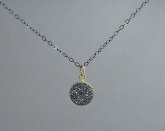 Black Druzy Pendant in 18k Gold and Sterling, Titanium Coated Druzy Necklace