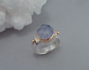 Rose Cut Blue Chalcedony Ring in 18k Gold and Sterling, Light Periwinkle Gemstone Ring