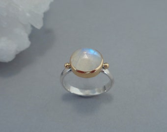 Rose Cut Rainbow Moonstone in 18k Gold and Sterling Silver, Sparkly Moonstone Ring