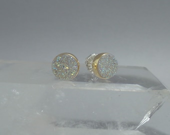 Druzy Earrings in 18k Gold and Sterling Silver, Titanium Coated White Druzy Stud Earrings