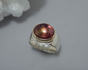 Tri-color Tourmaline Ring in 18k Gold and Sterling, Pink Gold and Green Tourmaline Cabochon