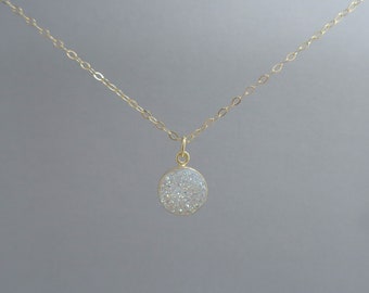 White Druzy Pendant in 18k Gold and Sterling, Titanium-Coated Druzy Necklace