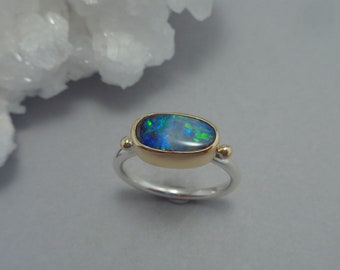 Flashy Boulder Opal Ring in 18k Gold and Sterling, Green and Blue Australian Opal Ring