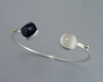 Rose Cut Black Onyx and White Moonstone Bracelet in Sterling Silver and 18k Gold, Simple Cuff Bracelet