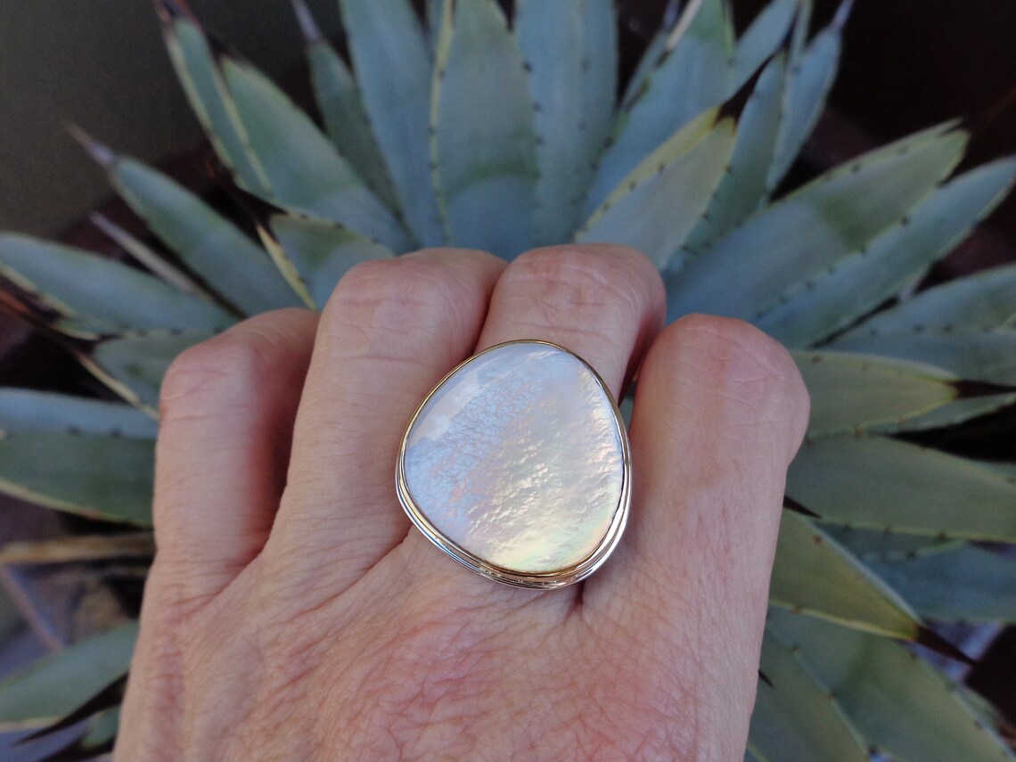 Large Mother of Pearl Ring in 18k Gold and Sterling Etsy