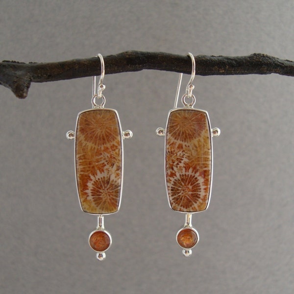 RESERVED - Fossilized Sponge Coral and Sunstone Earrings in Sterling Silver, Natural Stone Earrings