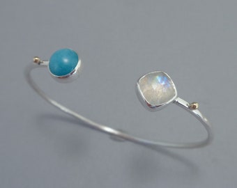 Amazonite and Rose Cut Rainbow Moonstone Bracelet in Sterling and 18k Gold, Simple Cuff Bracelet