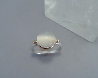 White Moonstone Ring in 18k Gold and Sterling, Glowing Round Moonstone Ring