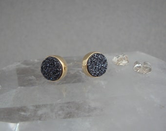 Black Druzy Earrings in 18k Gold and Sterling, Titanium Coated Druzy Stud Earrings