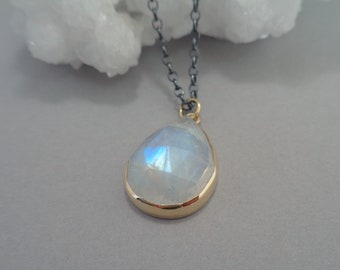 Rose Cut Rainbow Moonstone Pendant in 18k Gold and Sterling, Colorful Pear Shaped Moonstone