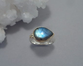 Bright Blue Labradorite Ring in 18k Gold and Sterling, Pear Shaped Ring