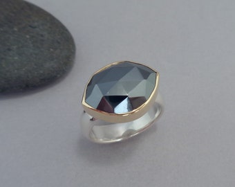 Rose Cut Hematite Ring in 18k Gold and Sterling, Marquise Shaped Sparkly Hematite Ring