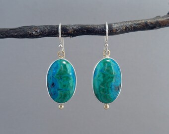 Chrysocolla-Malachite Earrings in 18k Gold and Sterling Silver, Dangle Earrings, Arizona Stones