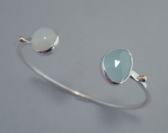 Rose Cut Aquamarine and White Moonstone Bracelet in Sterling Silver and 18k Gold, Simple Cuff Bracelet