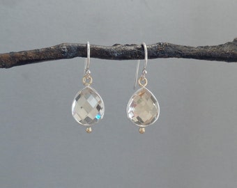 White Topaz Earrings in 18k Gold and Sterling, Pear Shaped Checker Cut Topaz Earrings