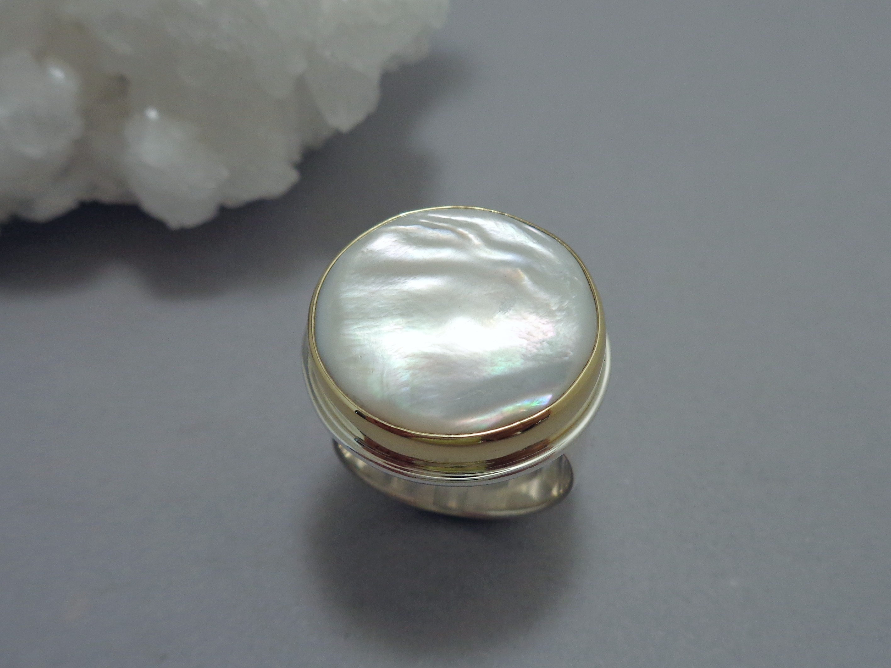 Large White Mother of Pearl Ring in 18k Gold and Sterling Silver