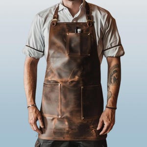 Personalized Handmade Leather Bartender Apron: Brass Accents, Adjustable Straps
