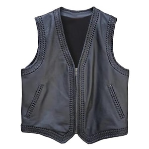 Men&#39;s Black Braided Handmade Customized Genuine Cowhide Leather Vest Motorcycle Club Bikers Leather Vest & Mens Stylish Waistcoat, All Sizes