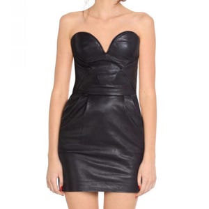 Handmade Lambskin Leather Mini Dress: Ribbed-Fit Backless Clubwear