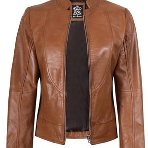 Brown Lambskin Leather Biker Jacket: Women&#39;s Cafe Racer Style