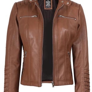 Cognac Lambskin Leather Biker Jacket: Women&#39;s Cafe Racer Style