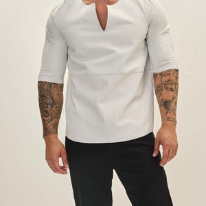 Men&#39;s 3 Quarter V Neck Handmade Genuine Lambskin Short Sleeve Leather Shirt, Party Fit Leather Shirts For Boys And Males, All Sizes & Colors